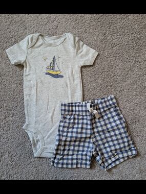 Carter's- Sailboat Onesie- Yellow and Blue Plaid Shorts- Size 18 Months